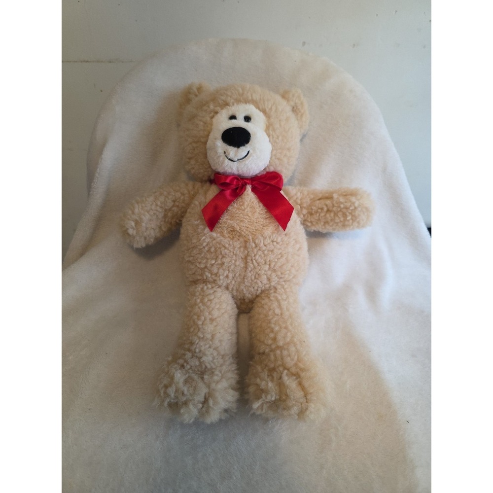Kellytoy‎ Plush Teddy Bear 16" Tan Curly Fur Red Bow Stuffed Animal